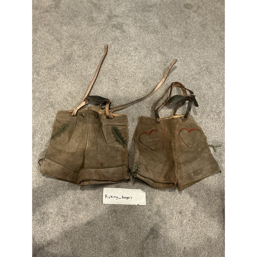 2 1960'S Vintage Suede Leather Lederhosen Suspender Shorts